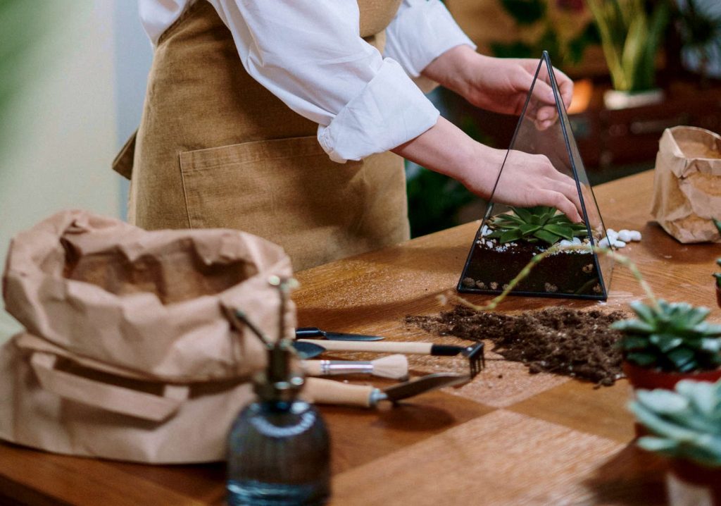 a person building a terrarium