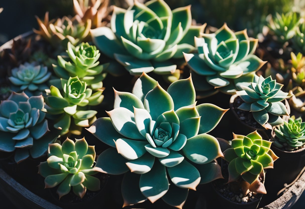 A variety of succulents (echeverias) basking in direct sunlight, each species positioned according to their specific sunlight requirements