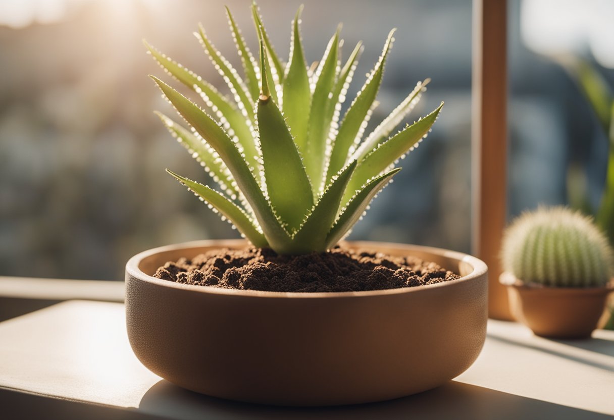 Rich, well-draining soil with sand and perlite, a clay pot, and a healthy aloe vera plant basking in sunlight on a windowsill