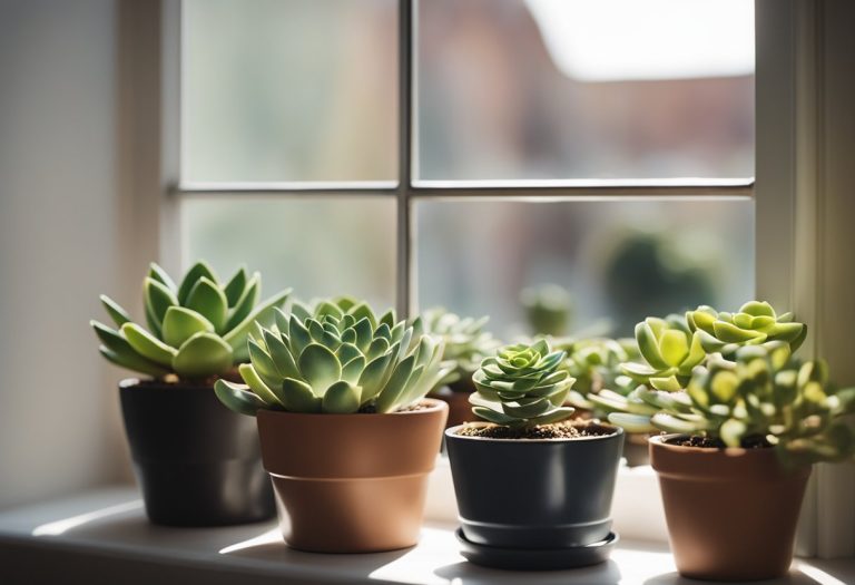 A bright window sill with potted succulents basking in direct sunlight