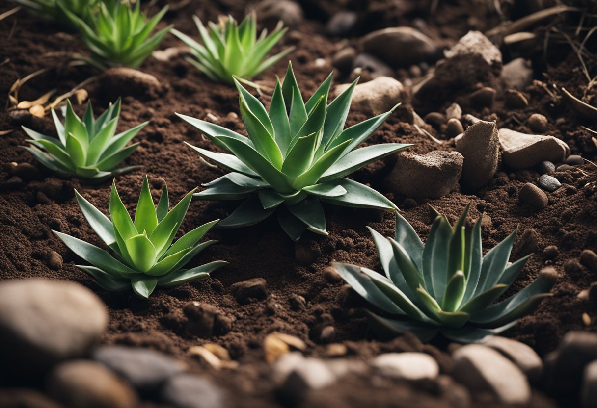 Rich, dark soil with visible organic matter. Aloe vera plants thriving in the earth, surrounded by natural elements like rocks and fallen leaves