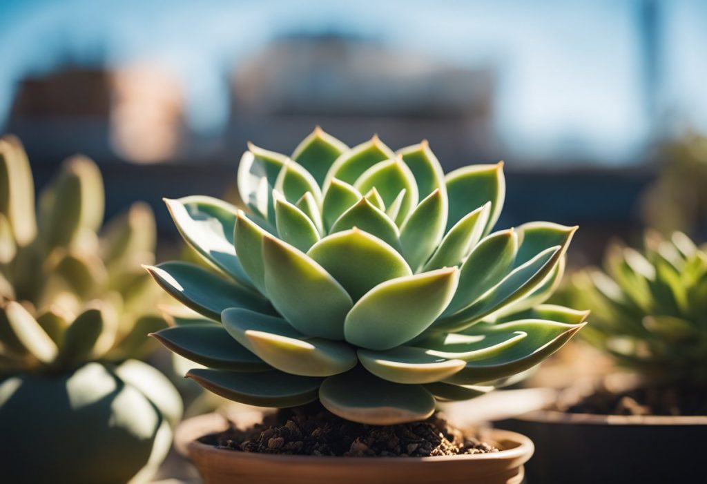 An Echeveria basking in direct sunlight, with vibrant green leaves and a healthy appearance