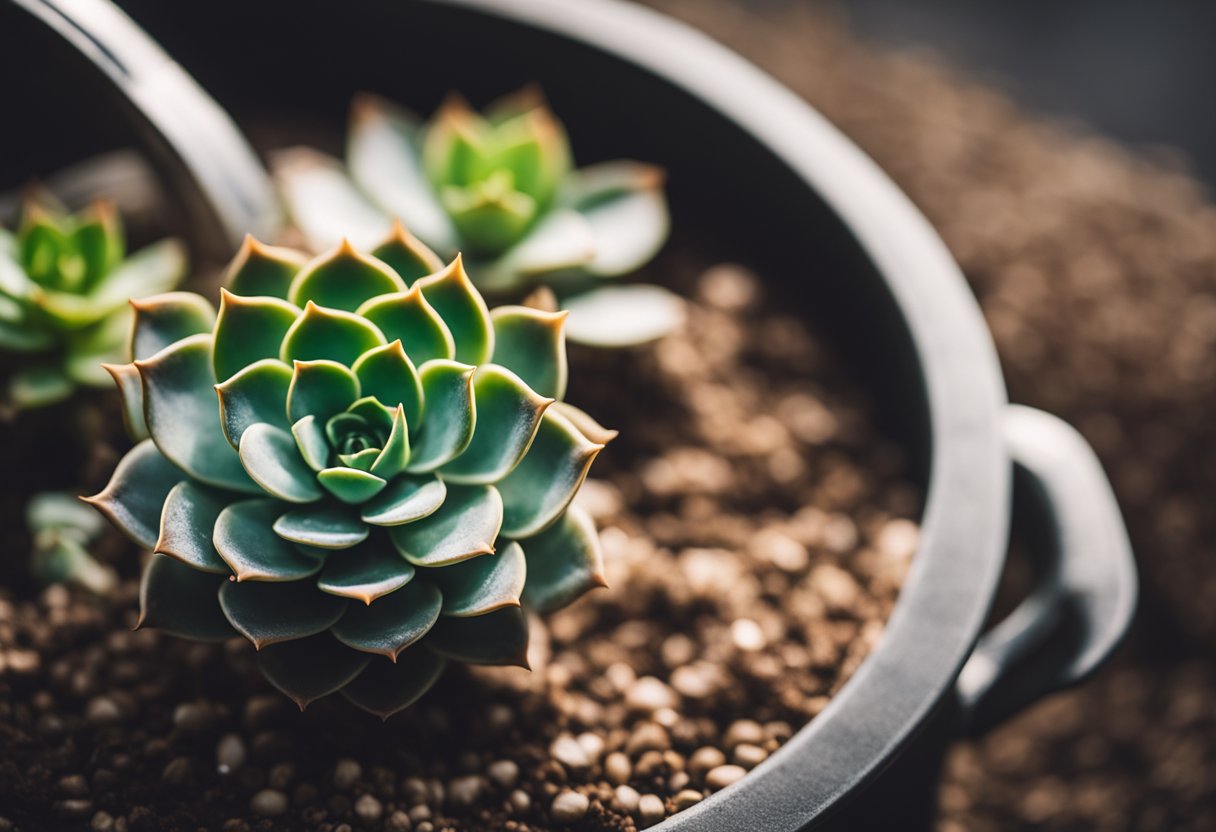 A small succulent plant sitting in a shallow, well-draining pot. A watering can gently pours water onto the soil, allowing it to soak in before draining excess water