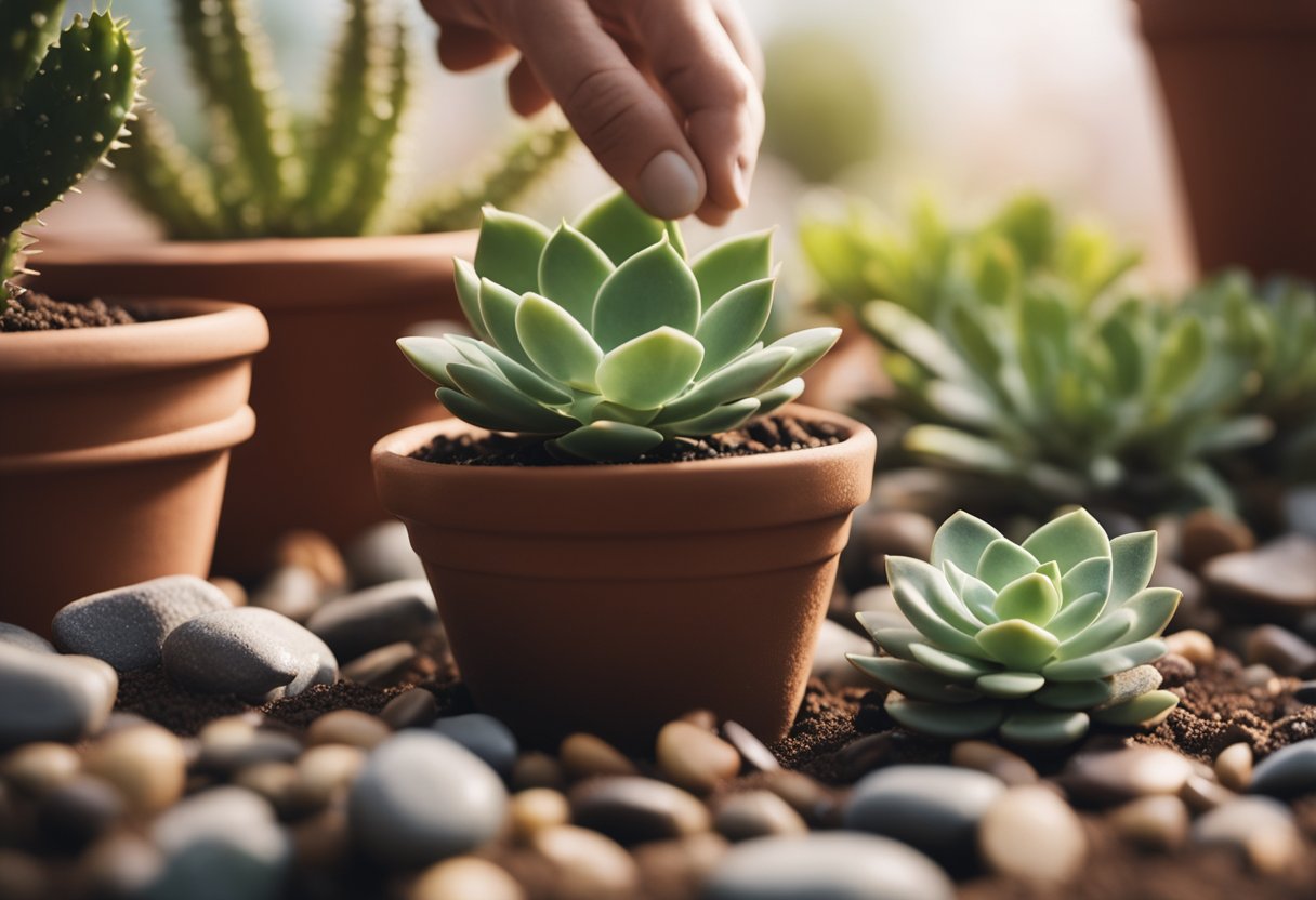 A hand reaches for a terracotta pot filled with well-draining soil. A small succulent plant sits in the pot, surrounded by pebbles. A watering can hovers above, gently watering the plant