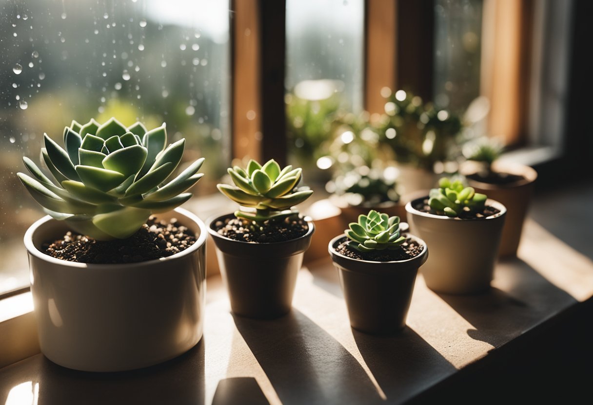 Succulents in various pots receiving water from a watering can with droplets falling onto the soil. Sunlight shining through a nearby window