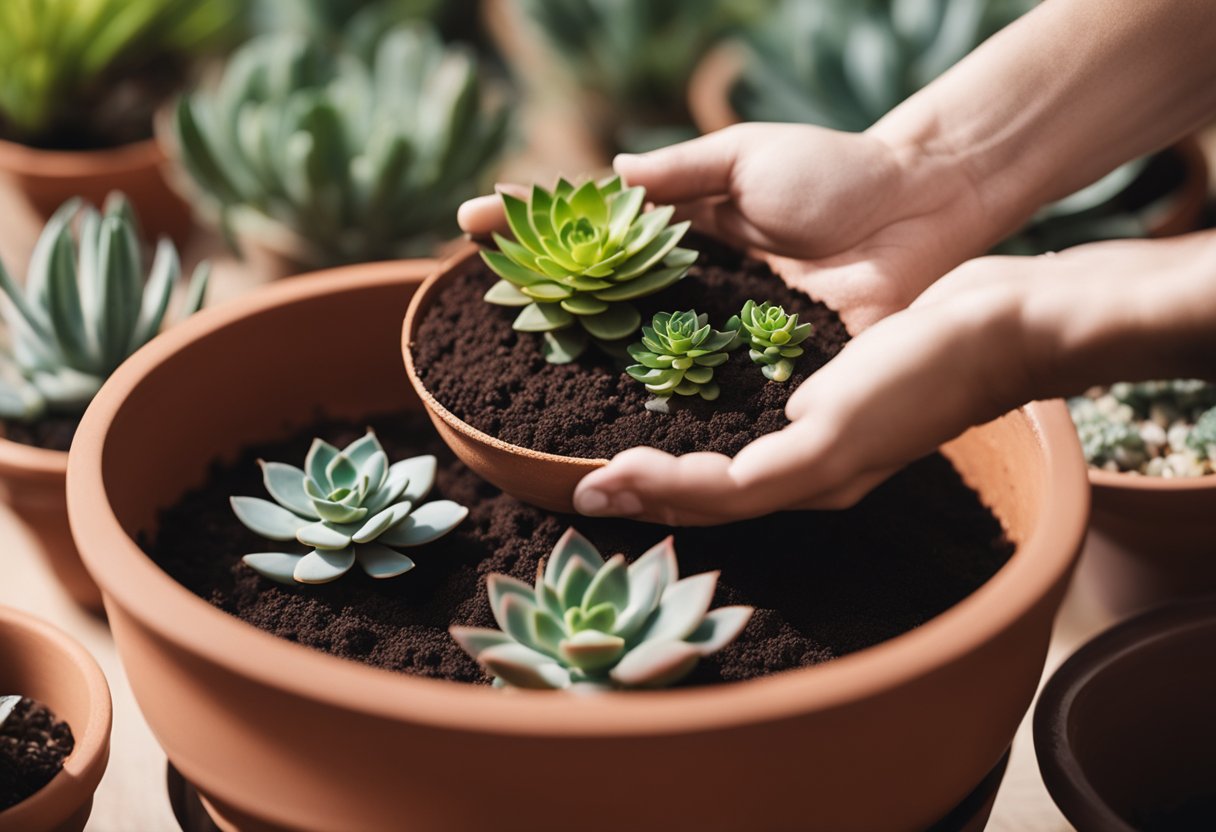 A hand pouring potting soil into a terracotta pot with a variety of succulents. The soil is light and airy, providing good drainage for the plants