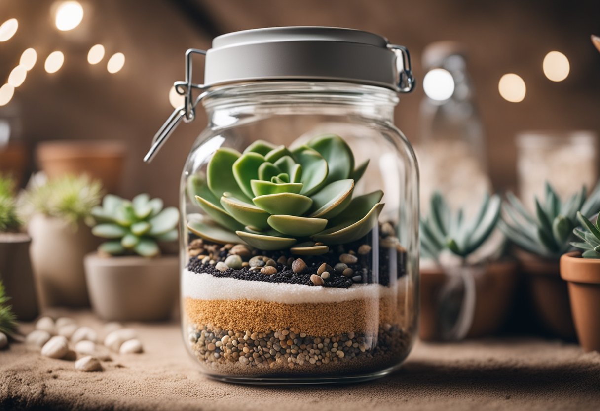 A clear glass jar filled with layers of coarse sand, perlite, and well-draining potting mix, ready for planting succulents