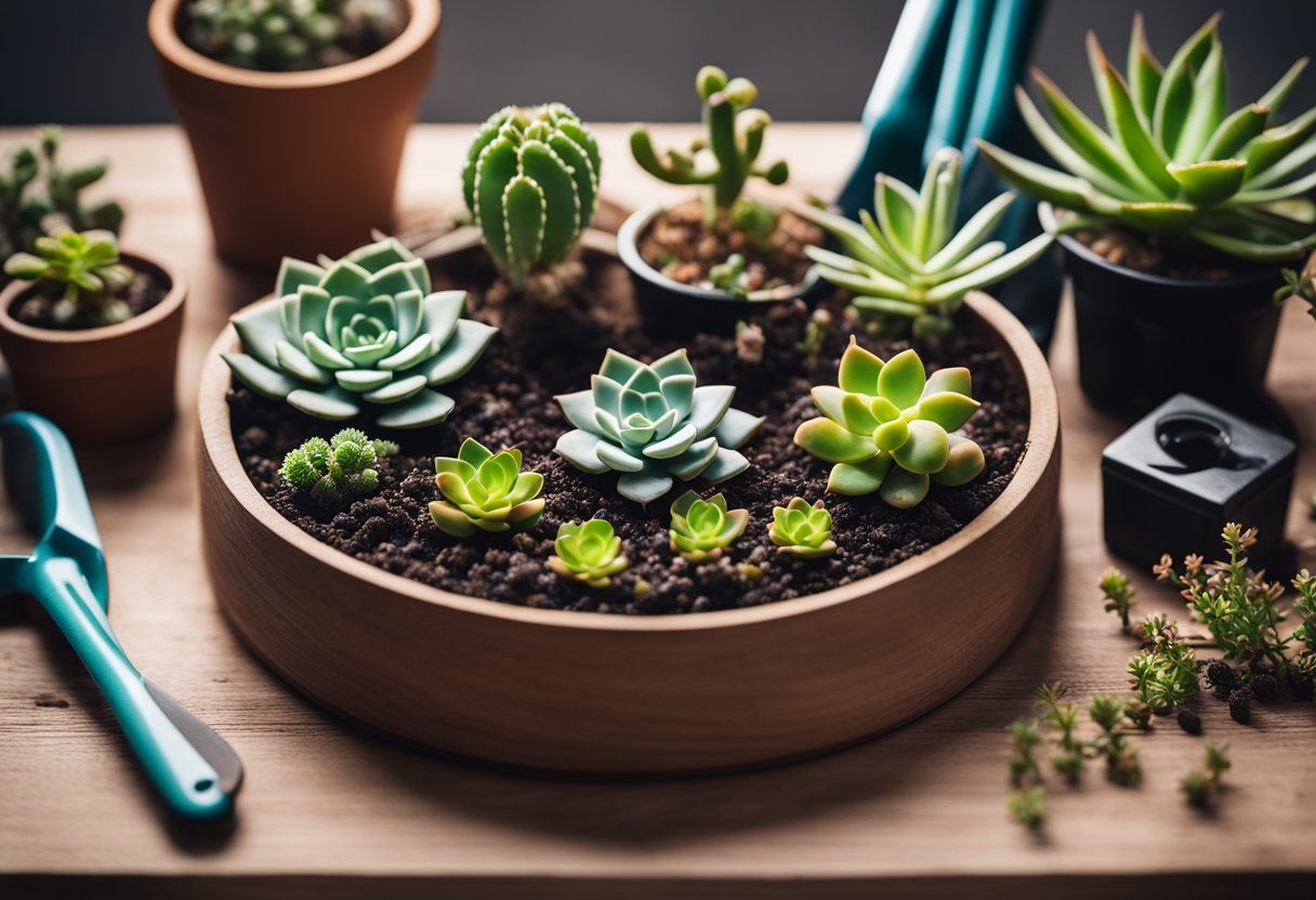 A bag of succulent soil sits open on a wooden table, surrounded by small potted succulents and gardening tools