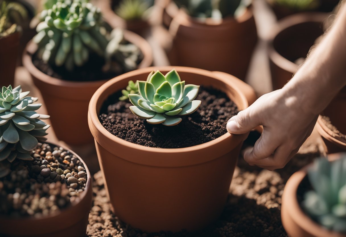 A hand pouring commercial succulent potting soil into a terracotta pot with various succulents