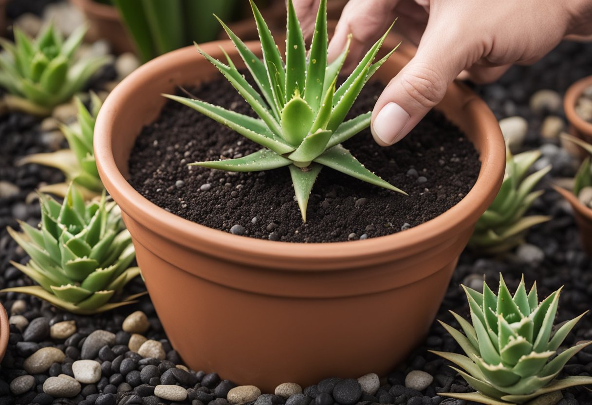 aloe in soil with hand