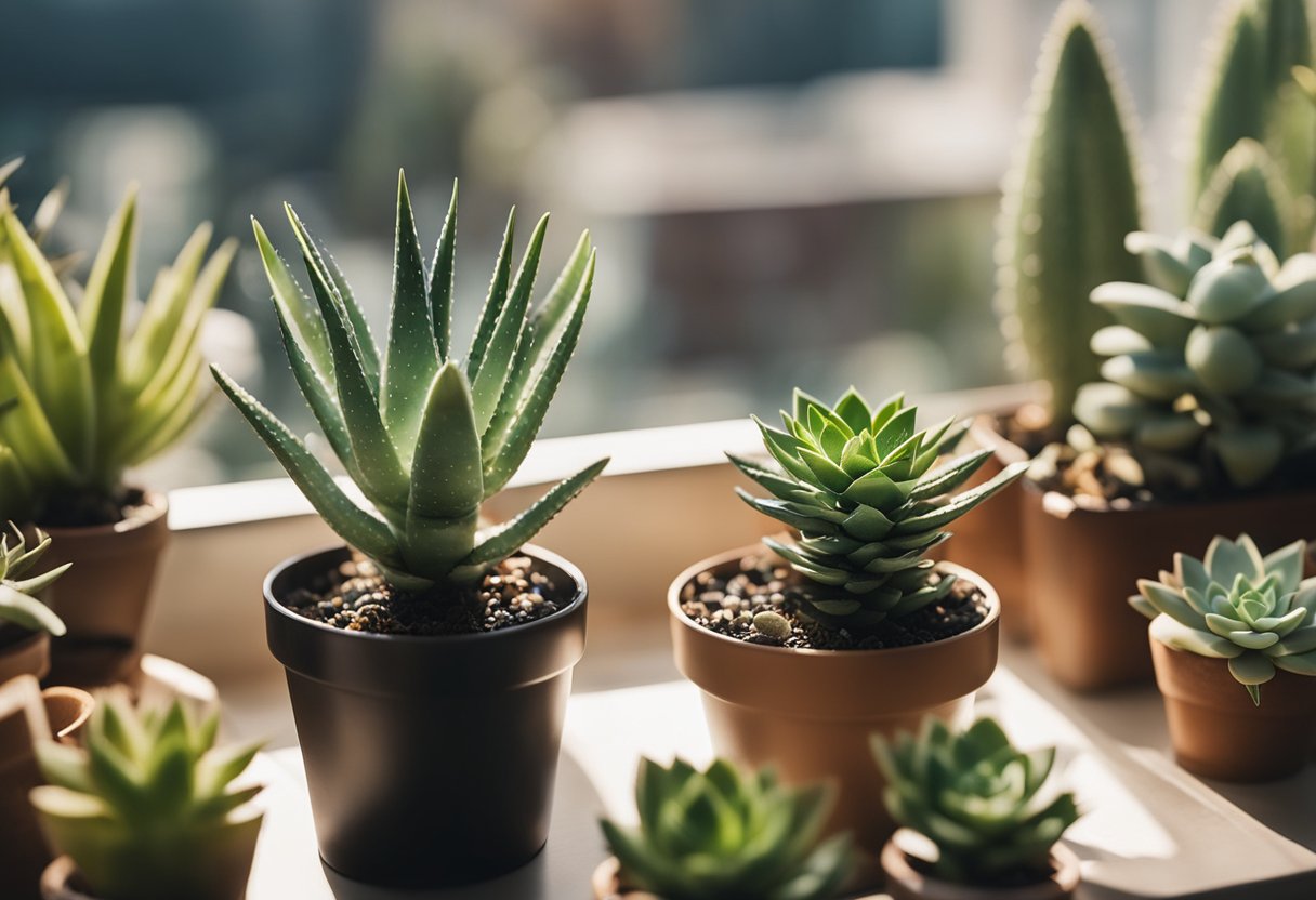 A hand reaching for a small potted aloe vera plant on a sunny windowsill, surrounded by other succulents and gardening tools