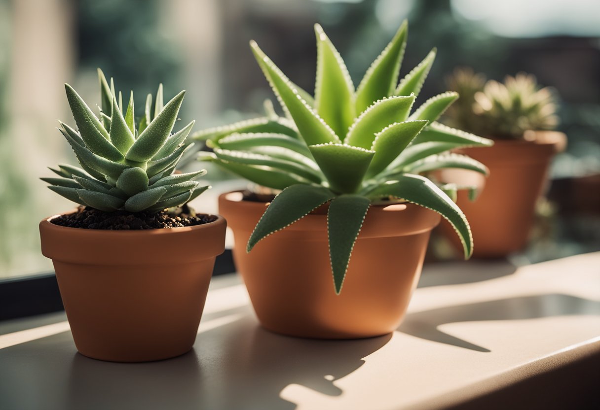 Aloe plant in a terracotta pot on a sunny windowsill with a watering can nearby, surrounded by small succulent plants