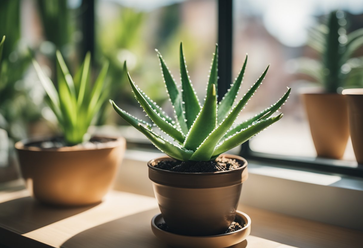 Aloe plant on a sunny windowsill, surrounded by non-toxic materials and labeled with care instructions