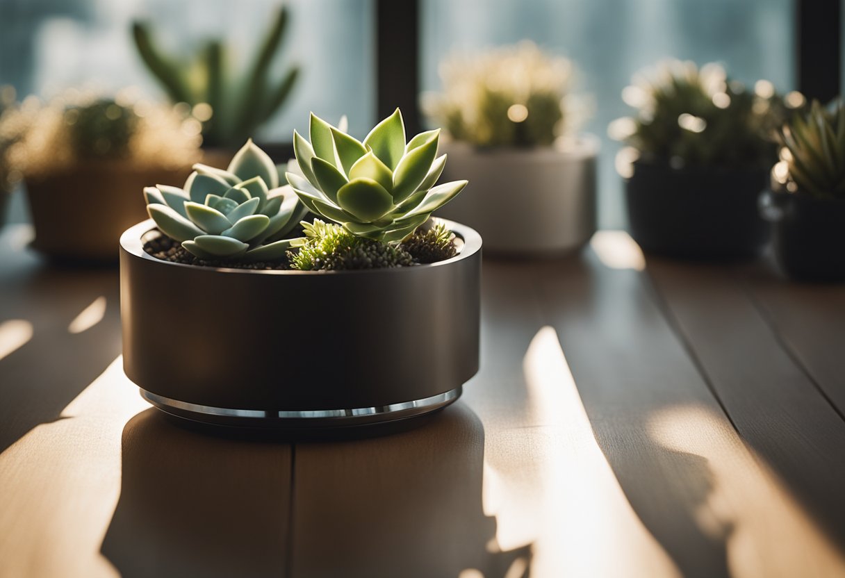 A variety of indoor succulents arranged in a modern, minimalist planter on a sleek, wooden tabletop. Sunlight streams in through a nearby window, casting soft shadows on the plants