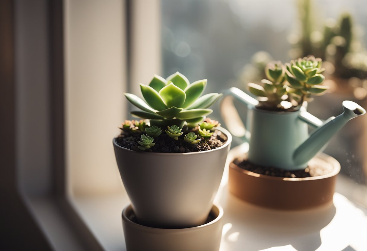 A small potted succulent sits on a sunny windowsill, surrounded by other succulents. A watering can is nearby, and the soil appears dry