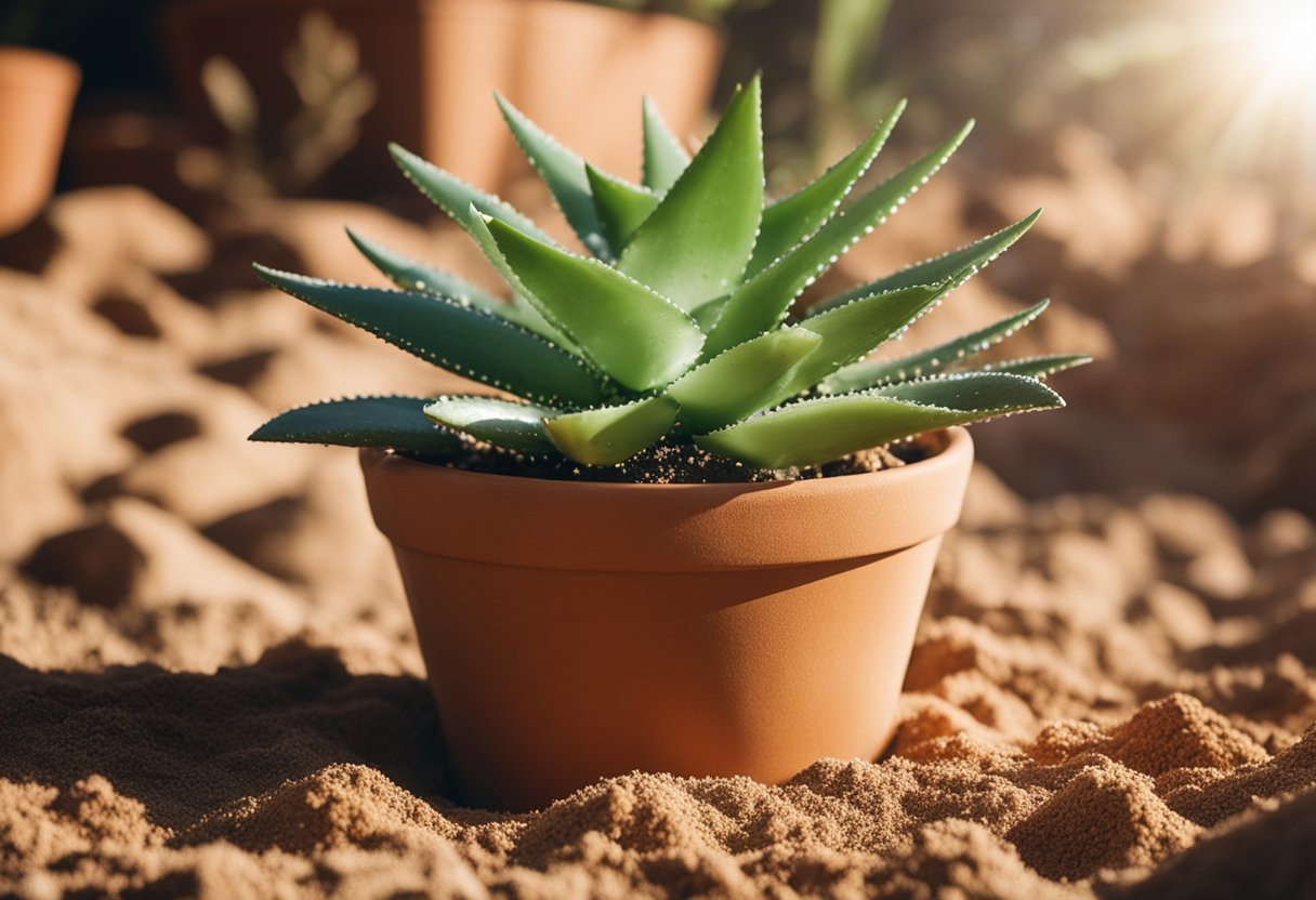 Rich, well-draining soil with sand and perlite. Aloe vera plant thriving in a terracotta pot under bright sunlight