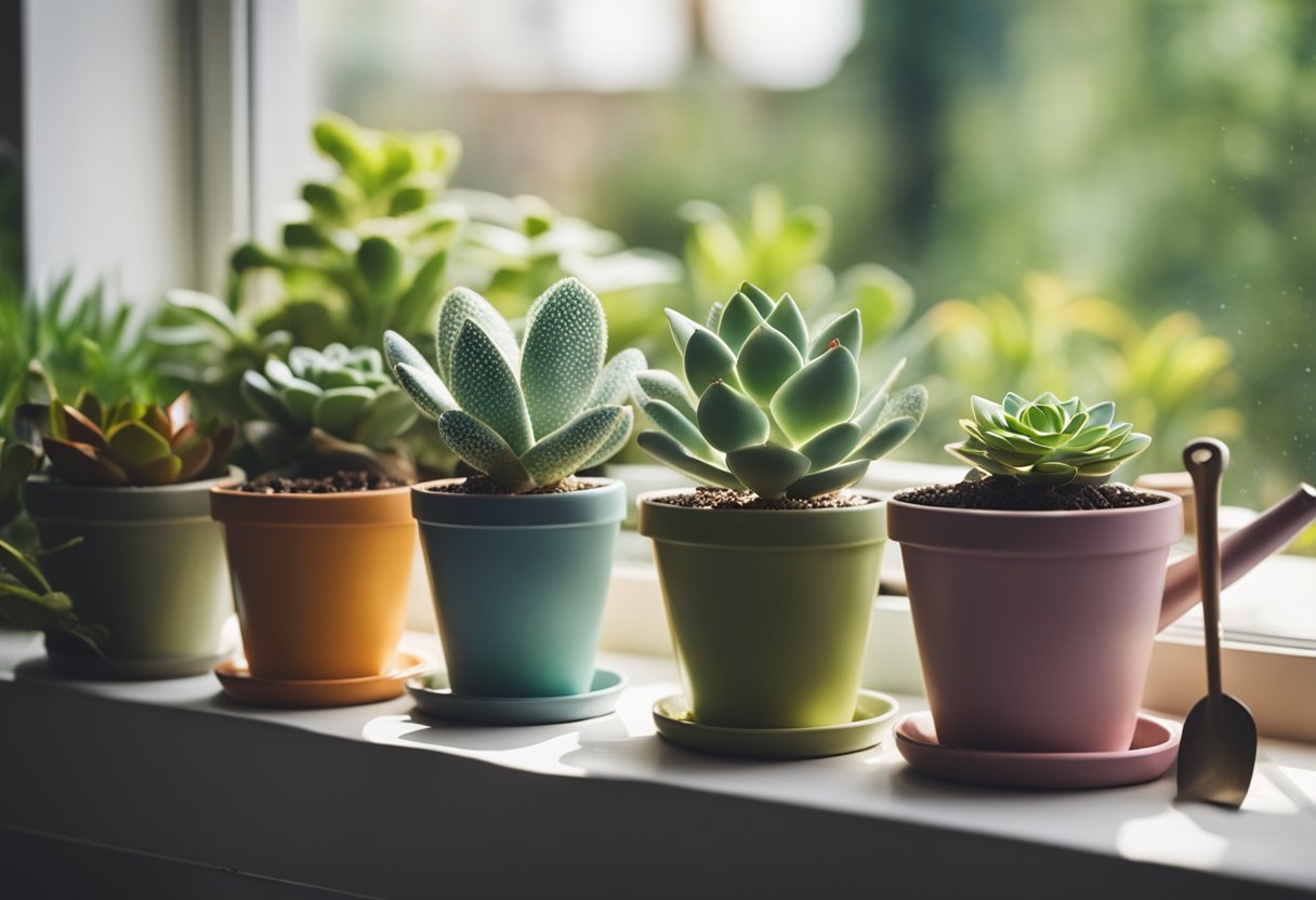 A sunny windowsill with a variety of succulent plants in colorful pots, surrounded by small gardening tools and a watering can