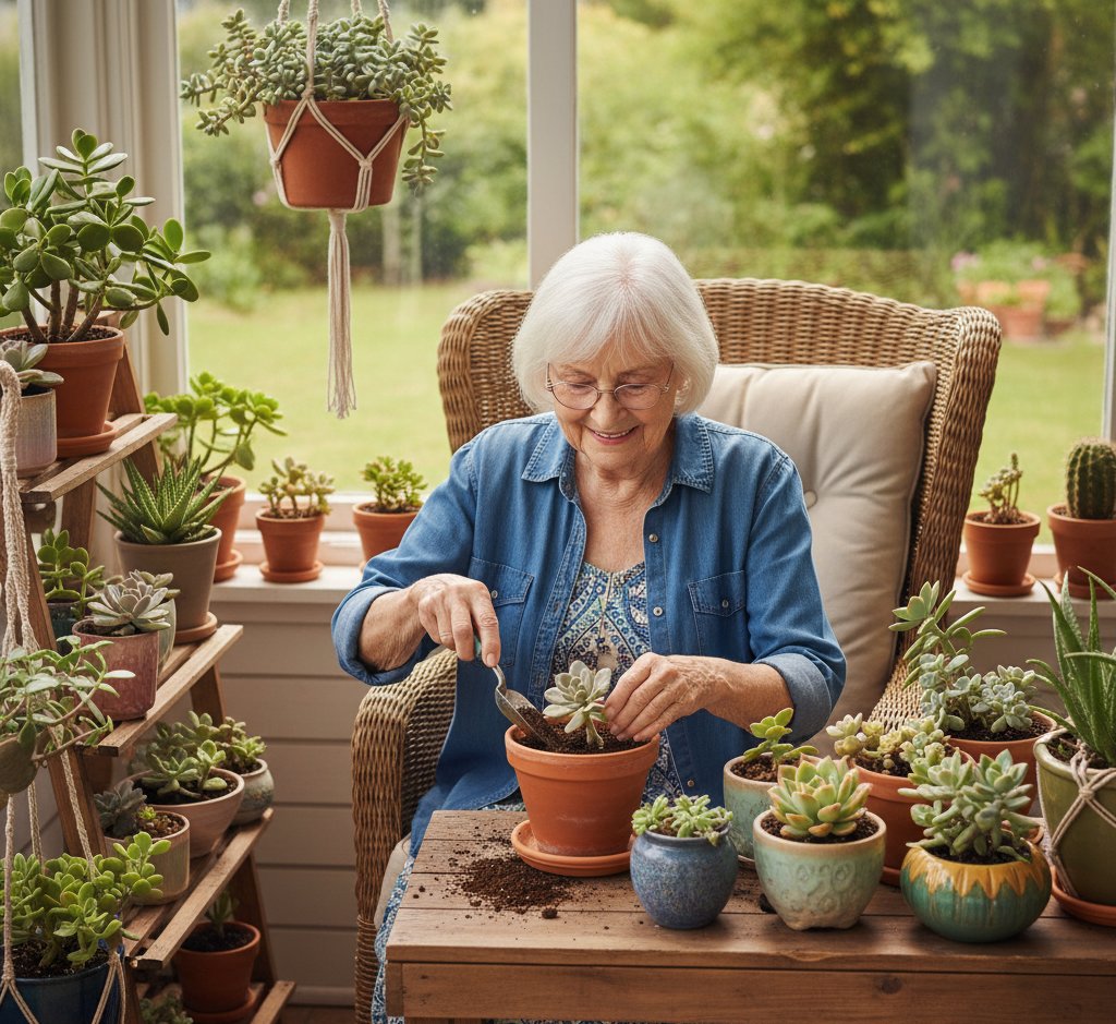 senior planting succulent
