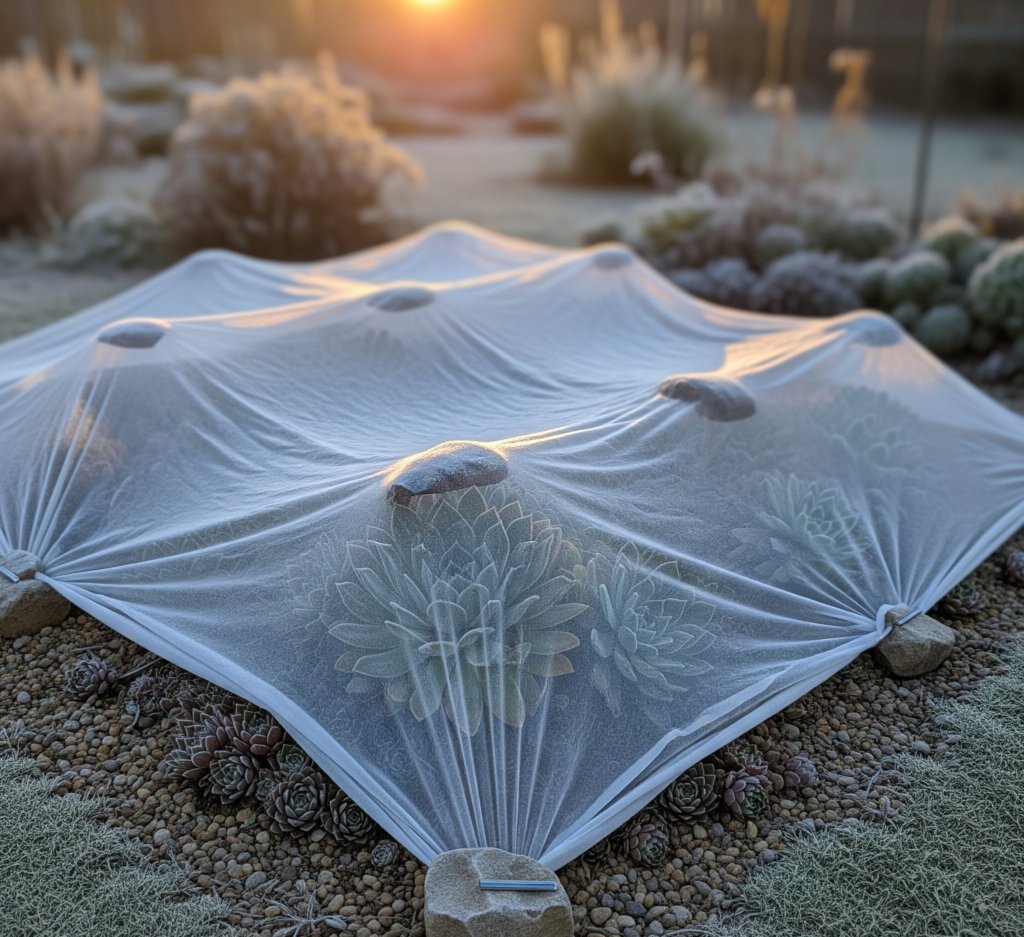 Frost cloth covering the succulents