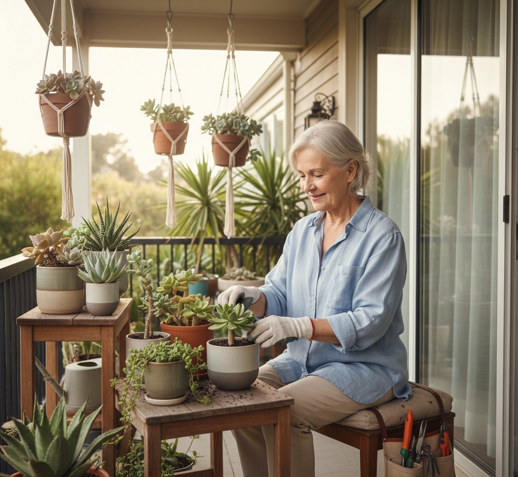 old woman planting succulents