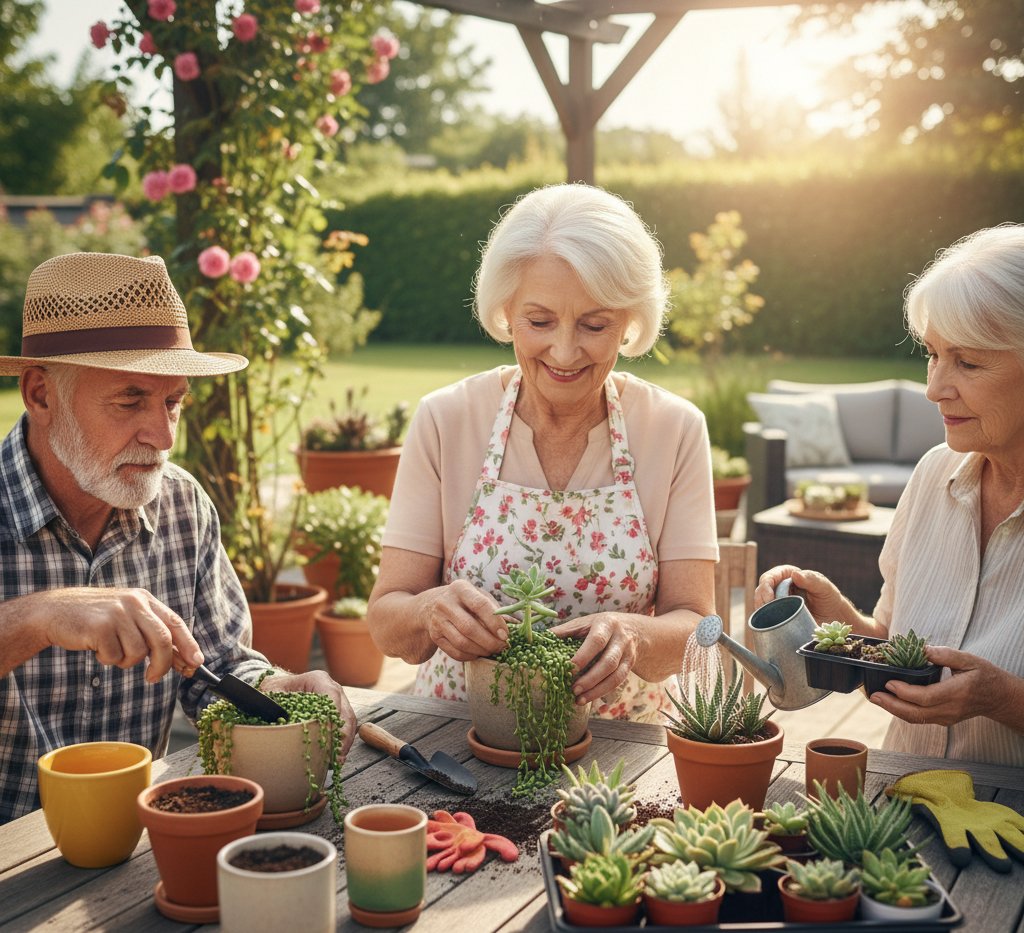 seniors planting and caring succulents