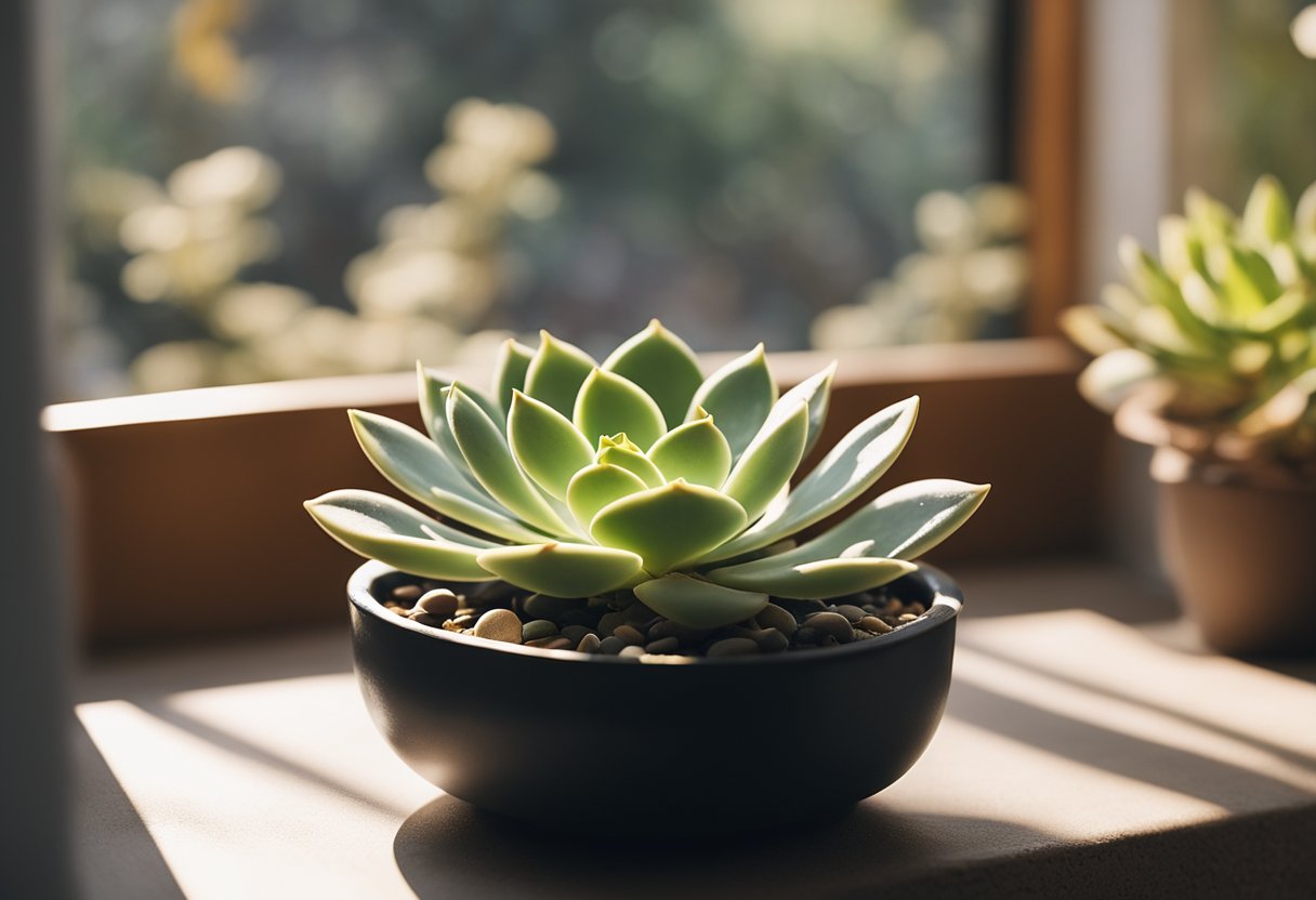 Sunlight streaming onto a windowsill where a small echeveria plant sits in a decorative pot, surrounded by succulent soil and a few scattered pebbles