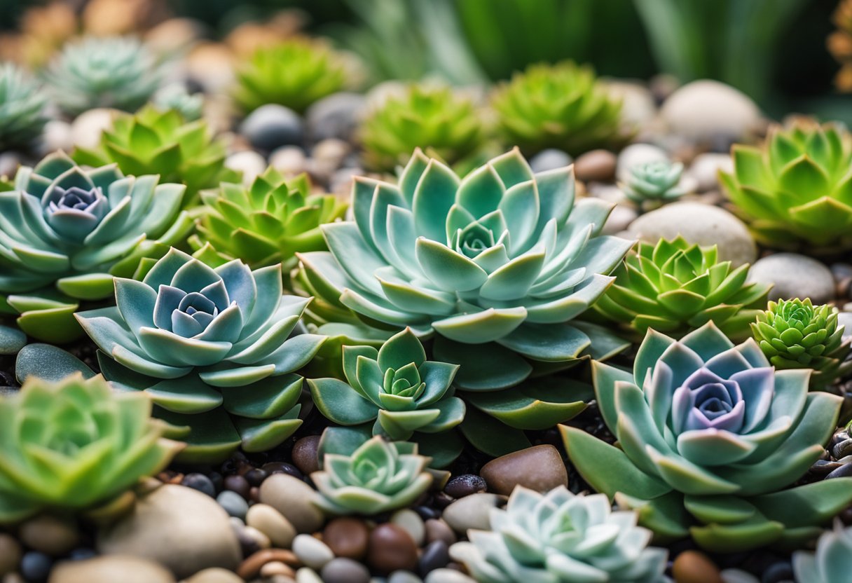 A variety of blooming succulents in different sizes and colors, set against a backdrop of green foliage and small pebbles