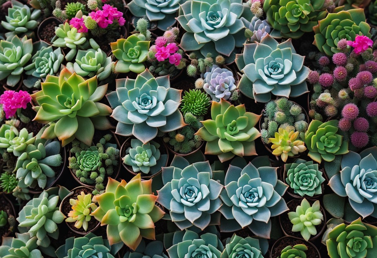 A variety of succulents in bloom, displaying vibrant flowers in a range of colors and shapes, surrounded by bright green foliage