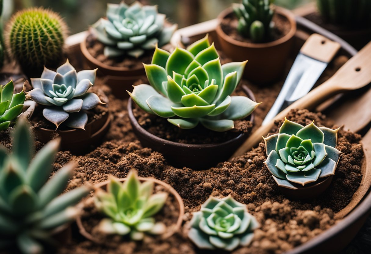 A variety of indoor succulents arranged in different types of soil, including sandy, well-draining mix, and cactus soil, with small gardening tools nearby