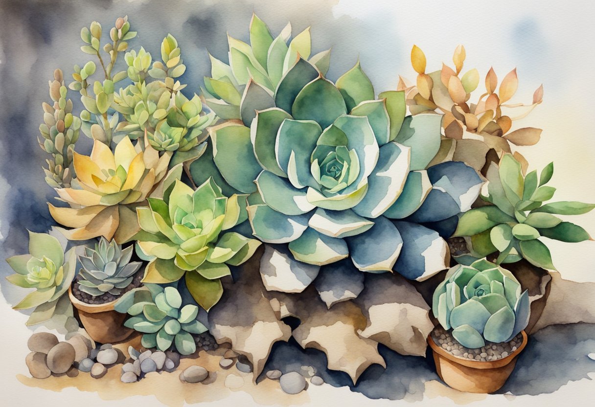 A variety of succulent plants with wilting leaves, yellowing tips, and overgrown roots