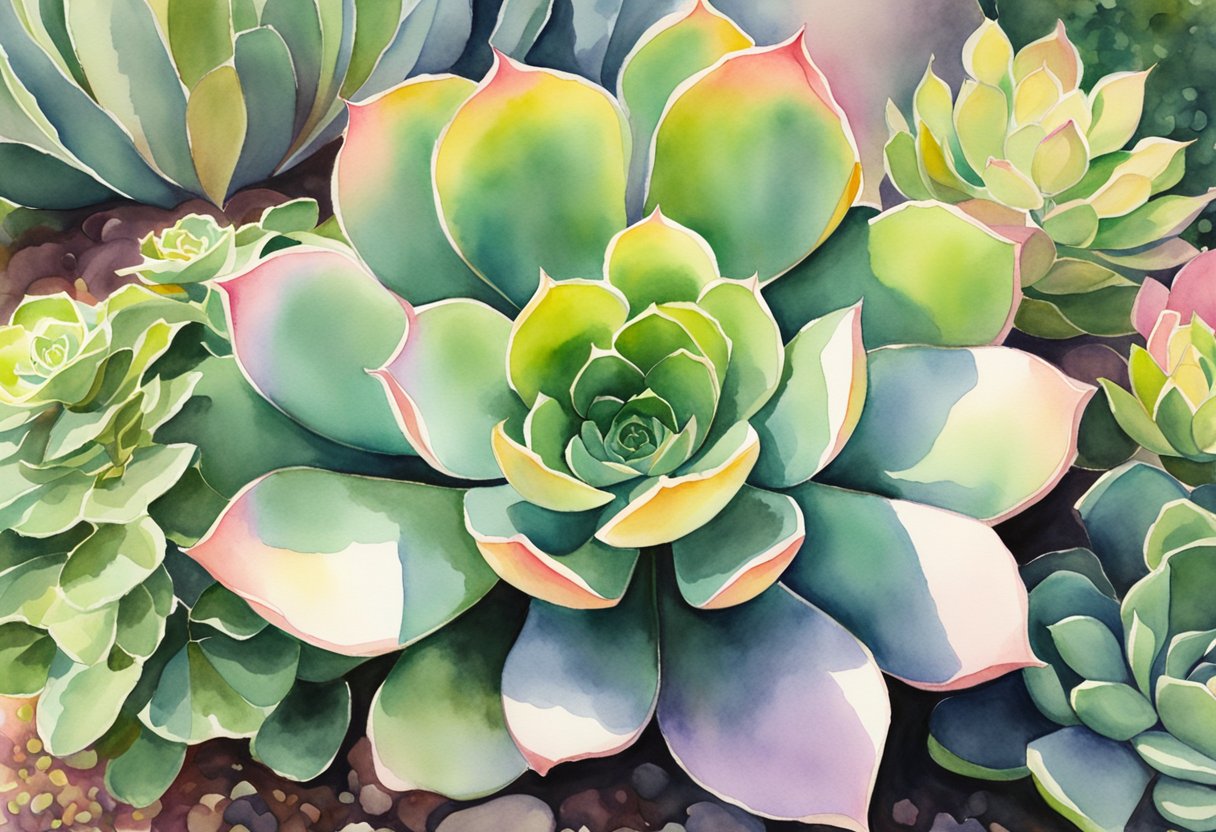 A pink succulent surrounded by green companion plants in a sunny garden bed