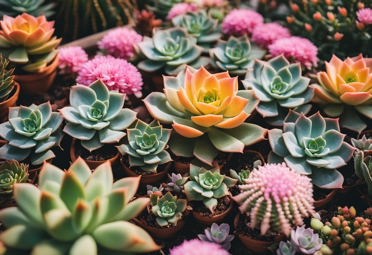 Succulents of various shapes and sizes blooming in a garden, with vibrant flowers in shades of pink, yellow, and orange