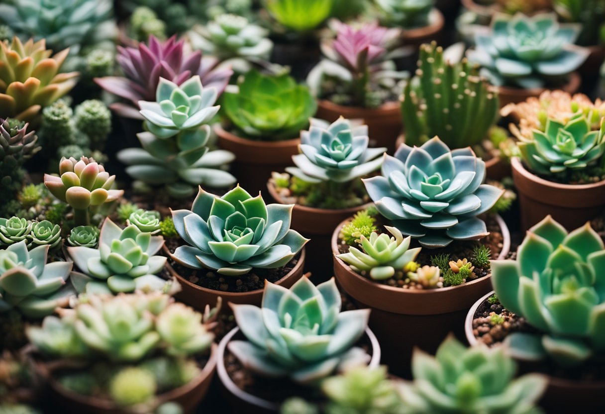 A collection of rare and unusual small succulents arranged in a terrarium, with vibrant colors and unique shapes