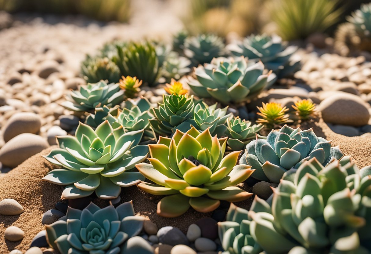 A variety of succulents in bloom, with vibrant flowers and lush greenery, set against a backdrop of pebbles and sand in a sunlit desert garden