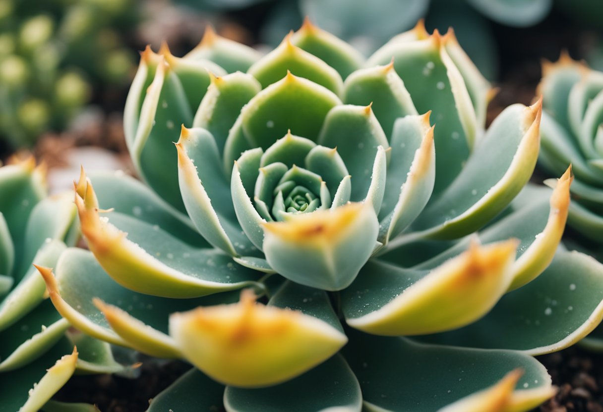 An echeveria plant with yellowing leaves, surrounded by aphids and white powdery mildew