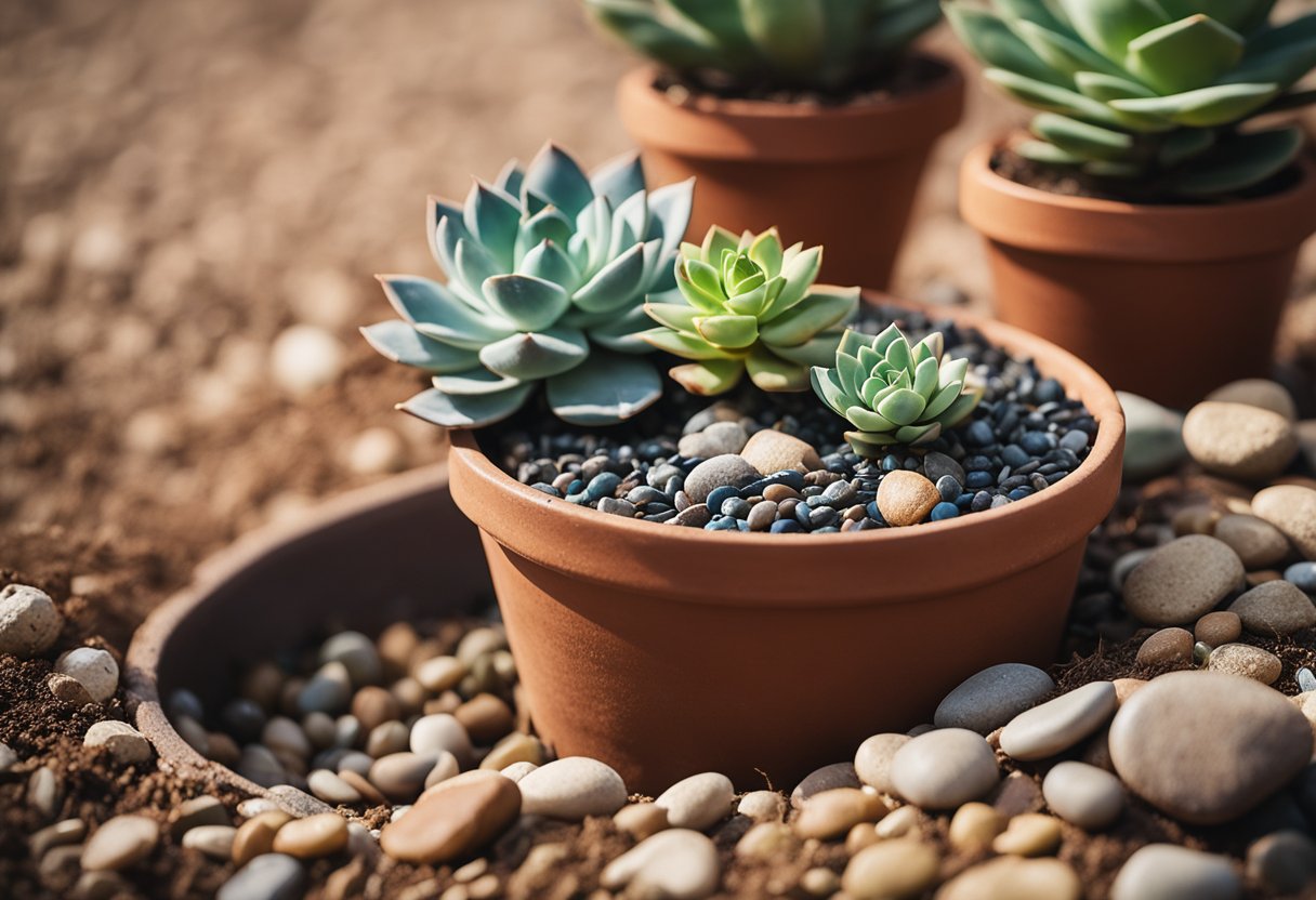 A small echeveria plant sits in a terracotta pot, surrounded by pebbles. A watering can pours water onto the soil, followed by a sprinkle of plant food