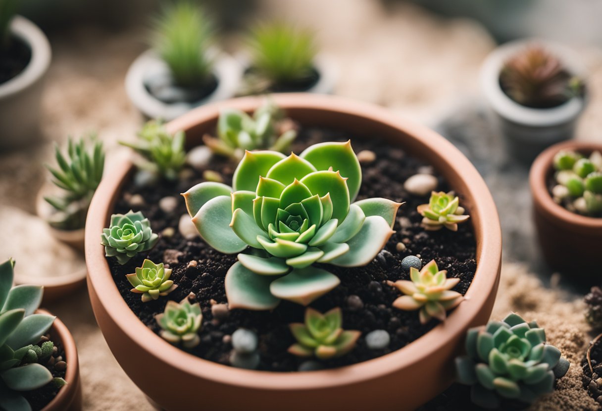 A small succulent plant being gently placed into a pot filled with sandy soil, surrounded by a few other succulents