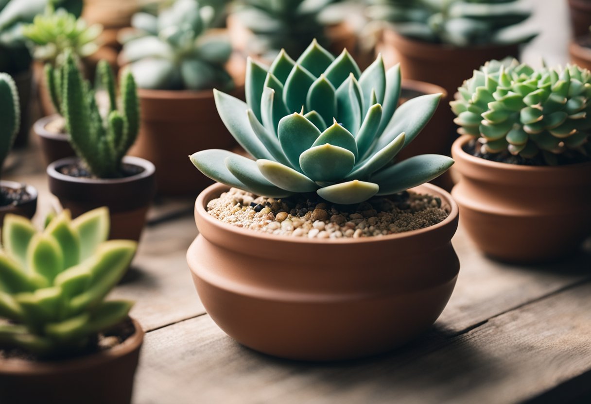 A small indoor pot with well-draining sandy soil, surrounded by a variety of colorful succulents in different shapes and sizes