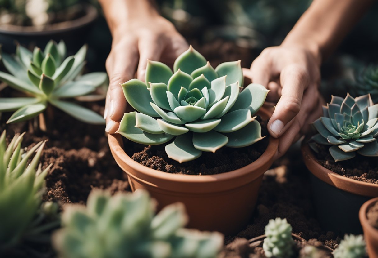 A hand planting a succulent in a pot with well-draining soil and gently patting down the soil around the plant