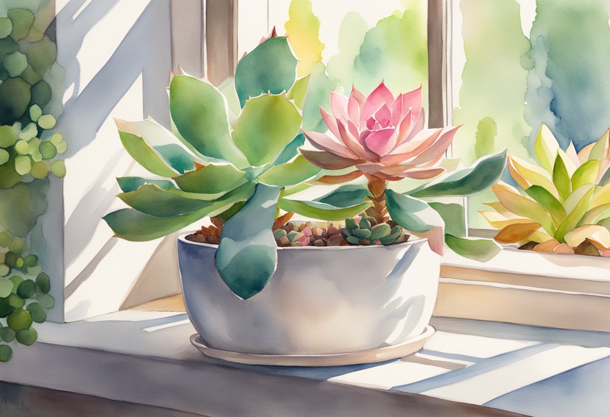 A pink succulent plant sits in a white ceramic pot on a sunlit windowsill, surrounded by other vibrant green succulents