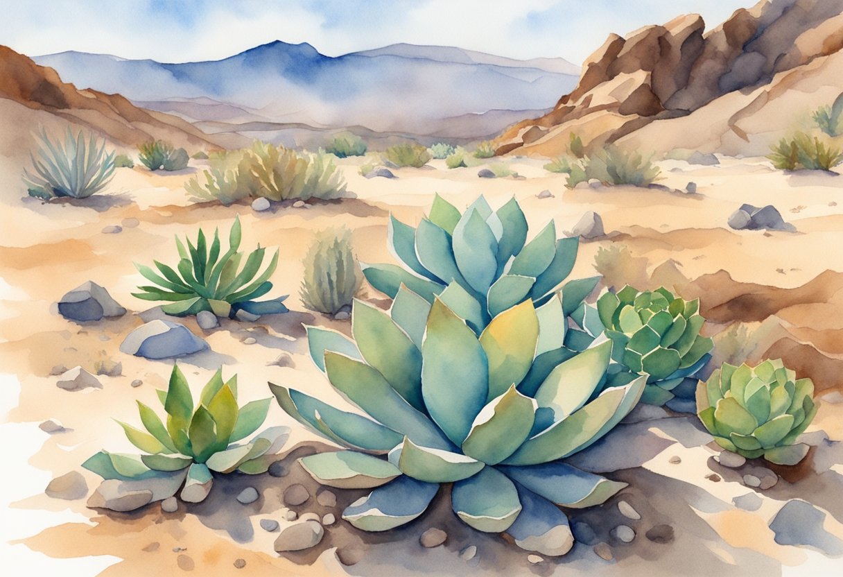 Dry, rocky desert landscape with scattered succulents thriving in sandy, well-draining soil. Sunlight filters through the sparse clouds above