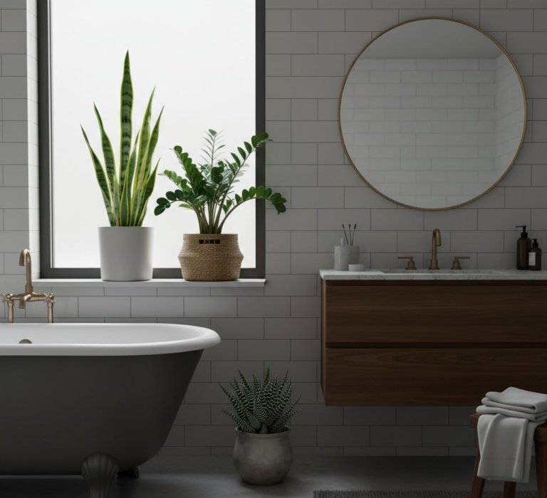 low light bathroom with succulents
