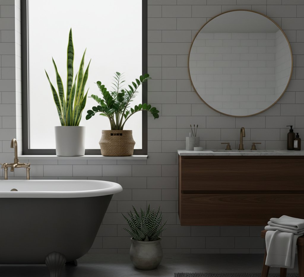 low light bathroom with succulents