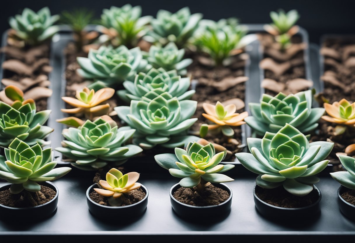 Echeveria cuttings in a tray with well-draining soil, misted with water, under a grow light