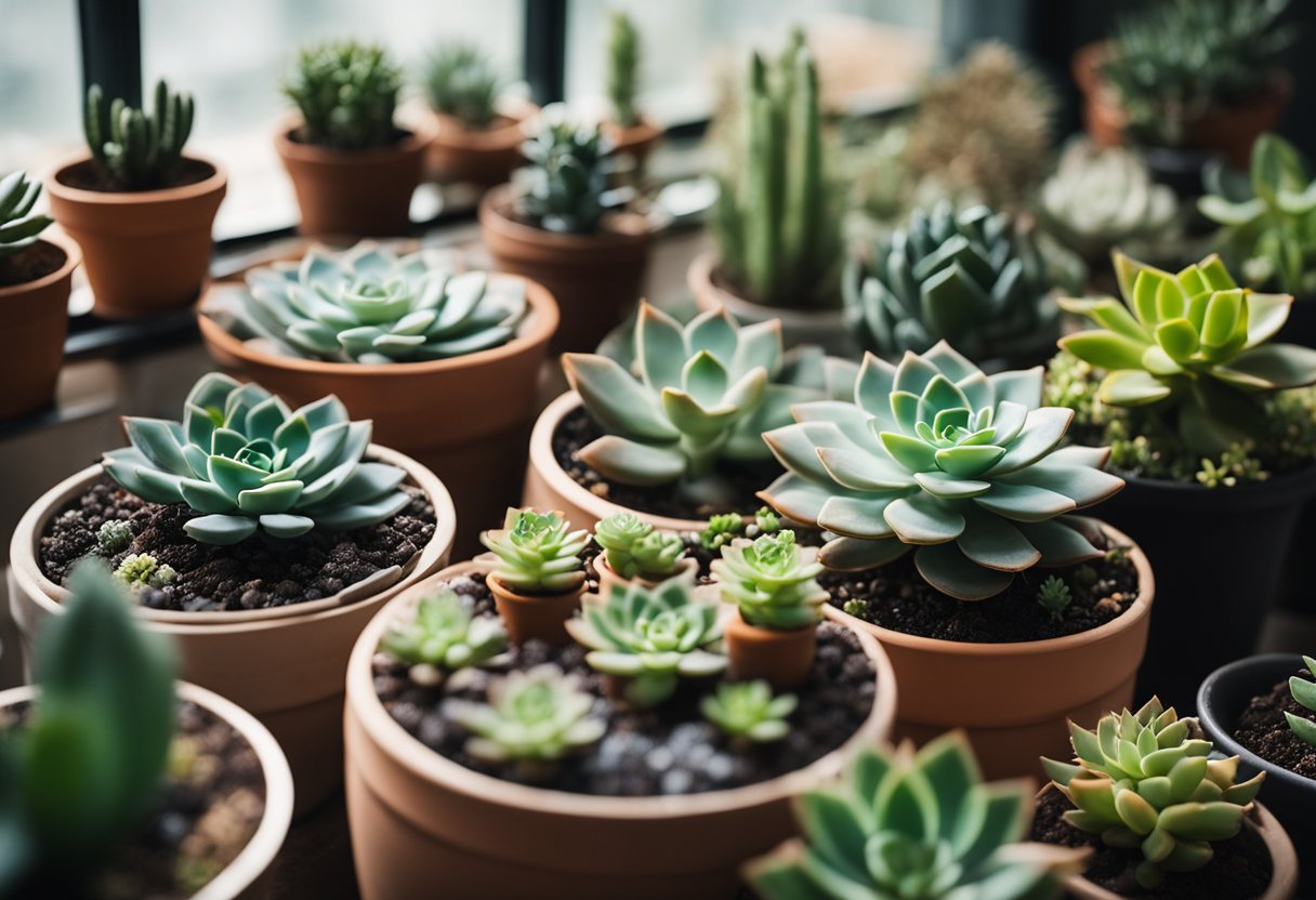 Various succulents in different pots, each with unique soil types. Bright indoor setting with natural light streaming in through the window