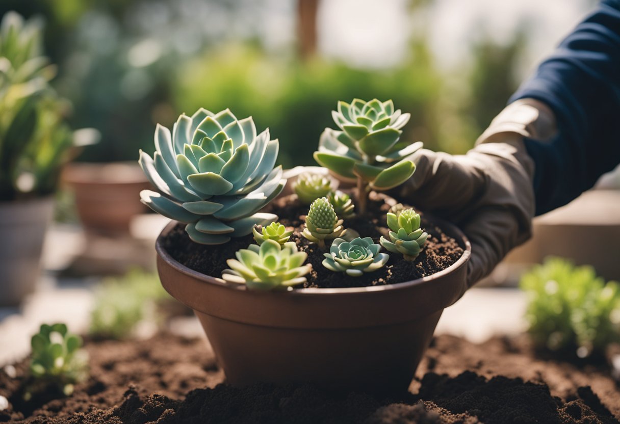 A pair of gardening gloves carefully removes a succulent from its pot, gently loosening the roots. A new, larger pot is filled with fresh soil as the succulent is replanted and watered