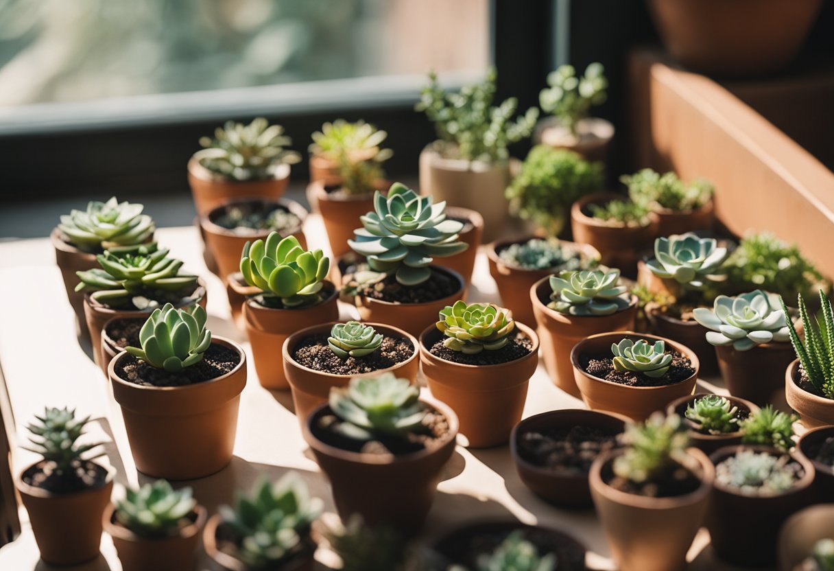 Several small succulents arranged in a variety of pots on a sunlit windowsill