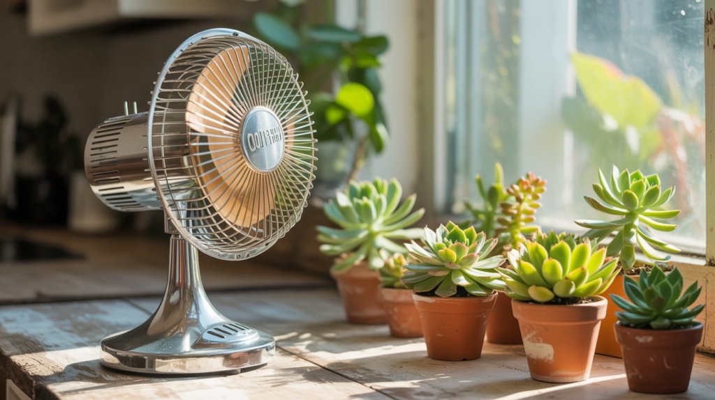 oscillating fan and succulents