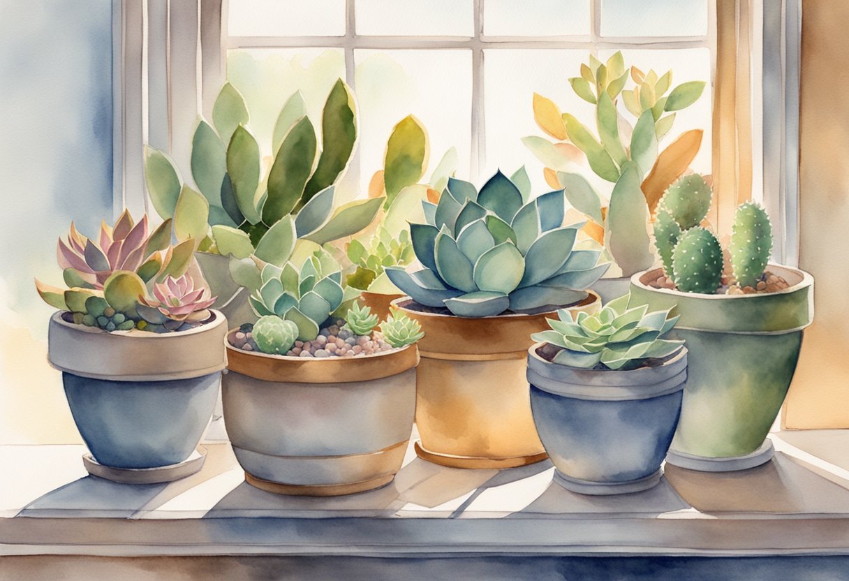 A collection of various succulent plant varieties arranged in a decorative pot, with sunlight streaming in through a nearby window