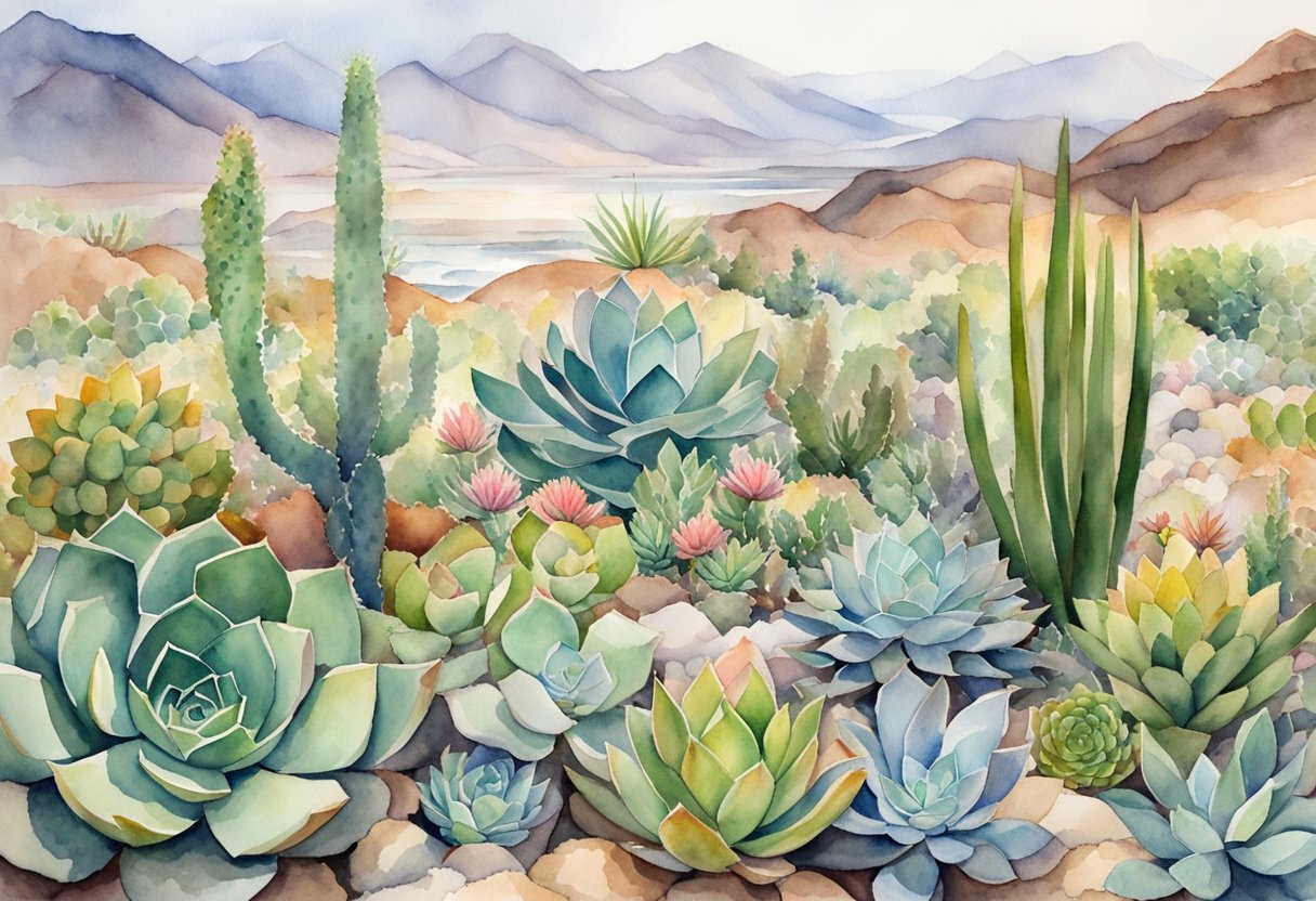 Succulents thrive in diverse climates: a desert landscape with cacti, a coastal scene with agaves, and a mountain setting with sedums